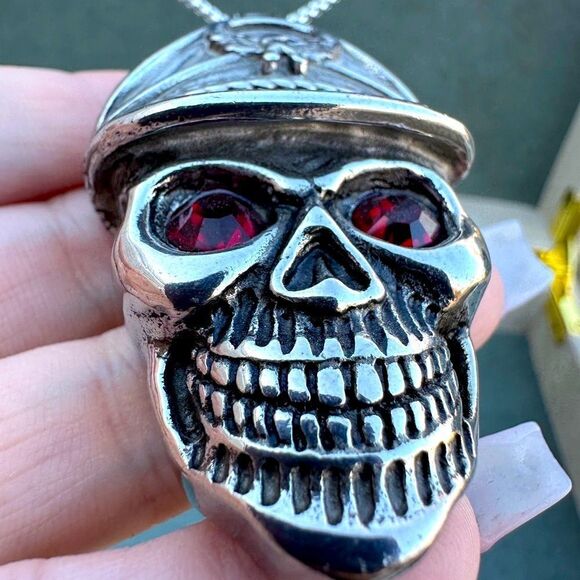 Men's Bold Skull Pendant Necklace with Red Eyes - 24" Stainless Steel Chain - Picture 16 of 17